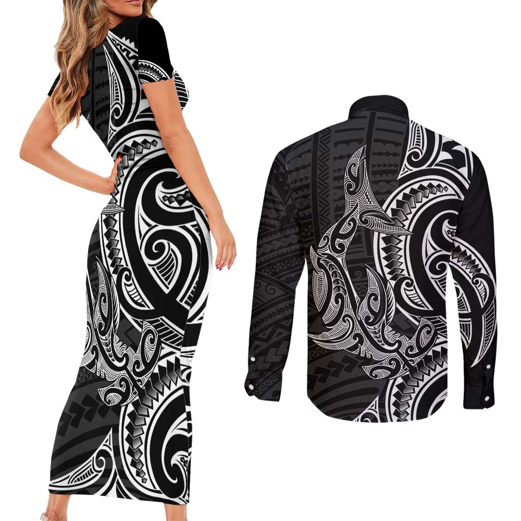 New Zealand Hammerhead Shark Couples Matching Short Sleeve Bodycon Dress and Long Sleeve Button Shirt Maori Haehae Mangopare Black LT14 - Polynesian Pride