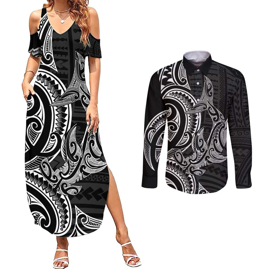New Zealand Hammerhead Shark Couples Matching Summer Maxi Dress and Long Sleeve Button Shirt Maori Haehae Mangopare Black - Polynesian Pride
