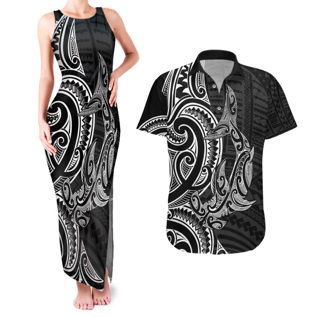 New Zealand Hammerhead Shark Couples Matching Tank Maxi Dress and Hawaiian Shirt Maori Haehae Mangopare Black LT14 Black - Polynesian Pride