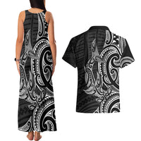 New Zealand Hammerhead Shark Couples Matching Tank Maxi Dress and Hawaiian Shirt Maori Haehae Mangopare Black LT14 - Polynesian Pride