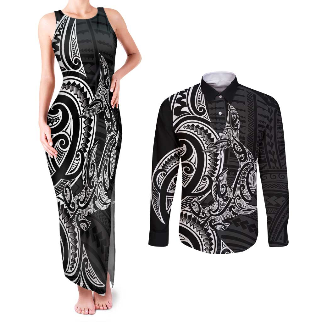 New Zealand Hammerhead Shark Couples Matching Tank Maxi Dress and Long Sleeve Button Shirt Maori Haehae Mangopare Black - Polynesian Pride