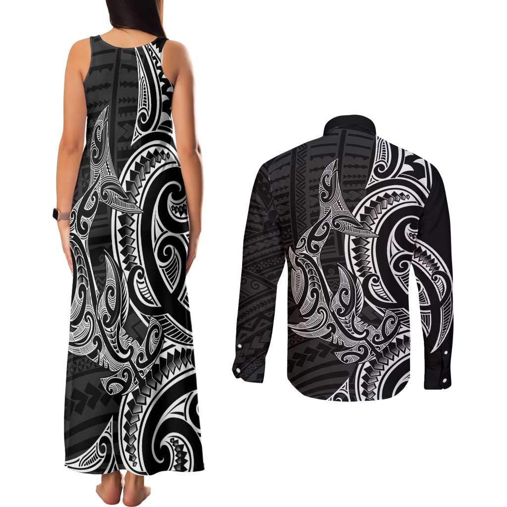New Zealand Hammerhead Shark Couples Matching Tank Maxi Dress and Long Sleeve Button Shirt Maori Haehae Mangopare Black LT14 - Polynesian Pride