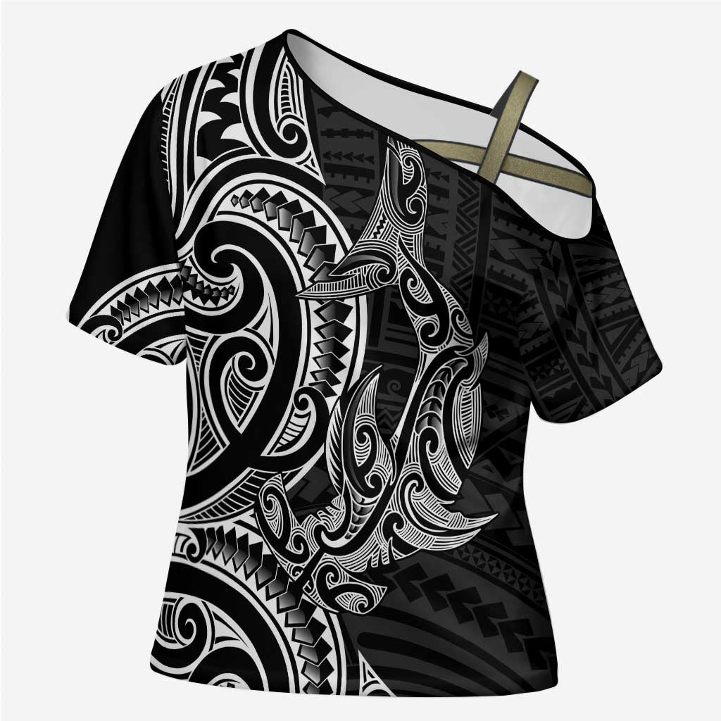 New Zealand Hammerhead Shark Cross Shoulder Shirt Maori Haehae Mangopare Black LT14 Female Black - Polynesian Pride