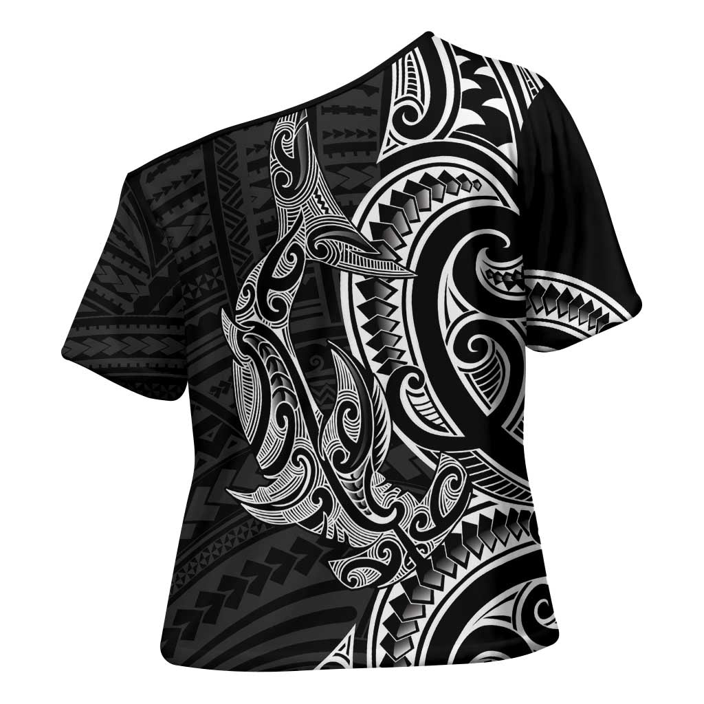 New Zealand Hammerhead Shark Cross Shoulder Shirt Maori Haehae Mangopare Black LT14 - Polynesian Pride