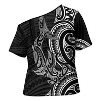 New Zealand Hammerhead Shark Cross Shoulder Shirt Maori Haehae Mangopare Black LT14 - Polynesian Pride