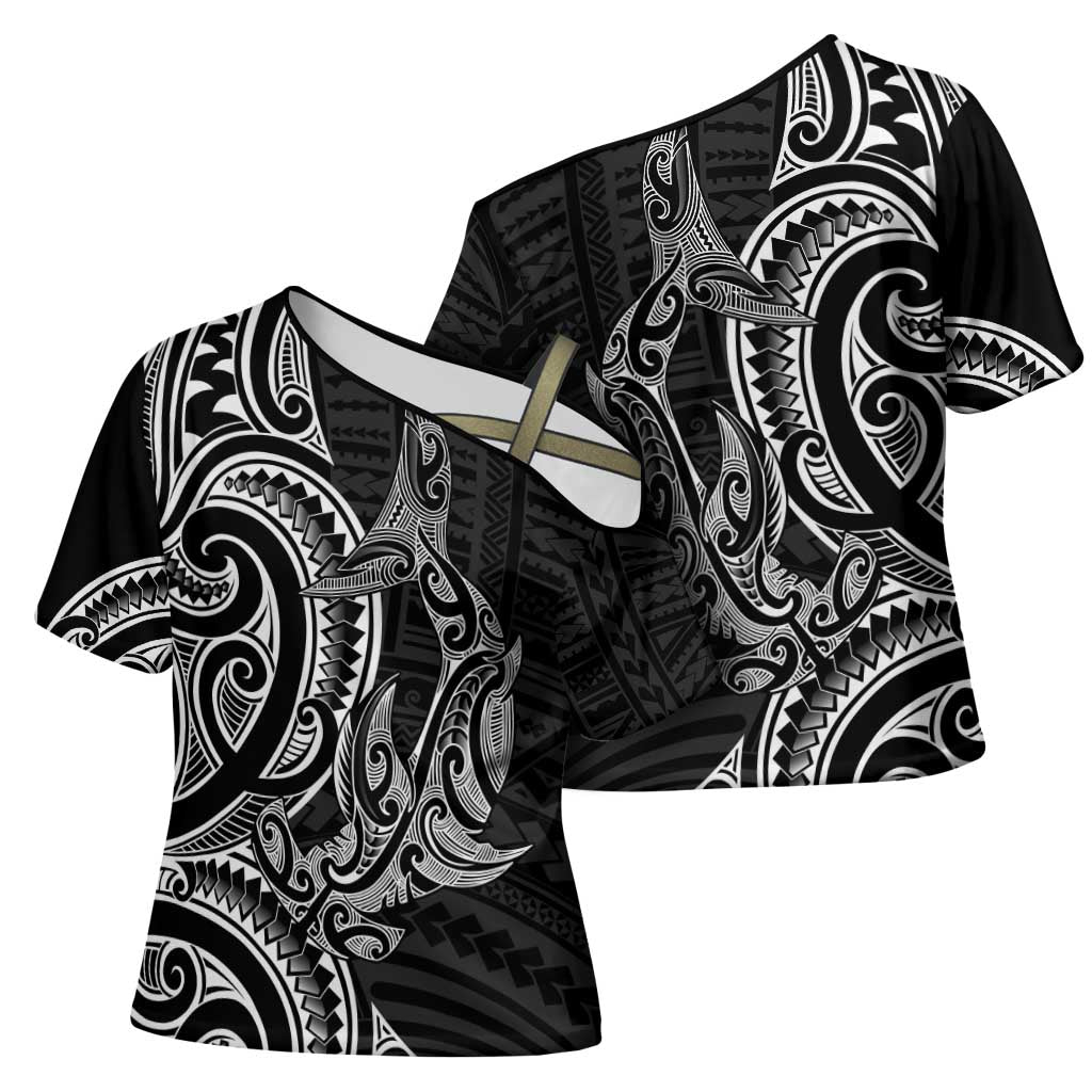 New Zealand Hammerhead Shark Cross Shoulder Shirt Maori Haehae Mangopare Black LT14 - Polynesian Pride