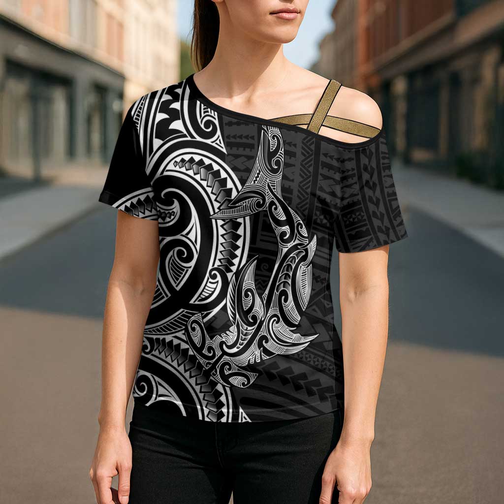New Zealand Hammerhead Shark Cross Shoulder Shirt Maori Haehae Mangopare Black LT14 - Polynesian Pride