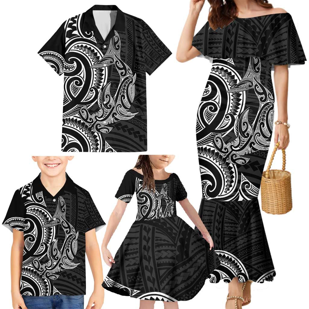 New Zealand Hammerhead Shark Family Matching Mermaid Dress and Hawaiian Shirt Maori Haehae Mangopare Black LT14 - Polynesian Pride