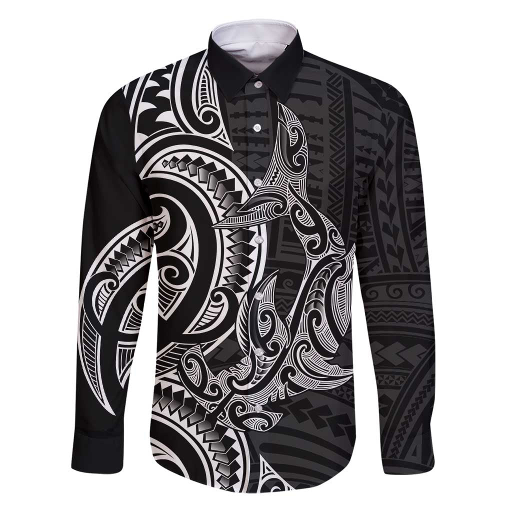 New Zealand Hammerhead Shark Family Matching Mermaid Dress and Hawaiian Shirt Maori Haehae Mangopare Black LT14 Dad's Shirt - Long Sleeve Black - Polynesian Pride