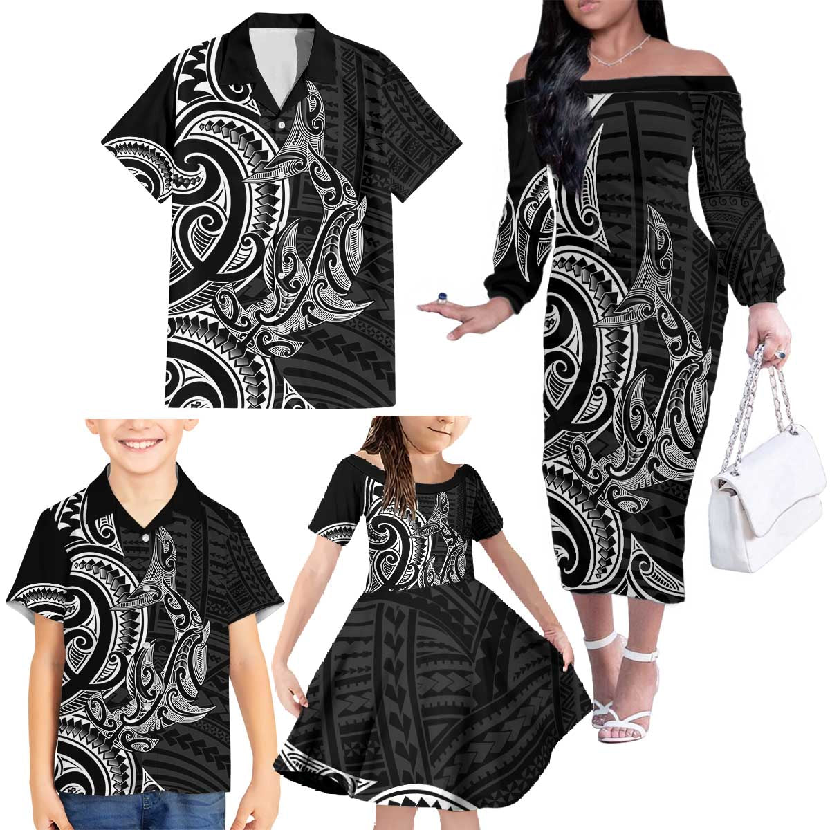 New Zealand Hammerhead Shark Family Matching Off The Shoulder Long Sleeve Dress and Hawaiian Shirt Maori Haehae Mangopare Black LT14 - Polynesian Pride