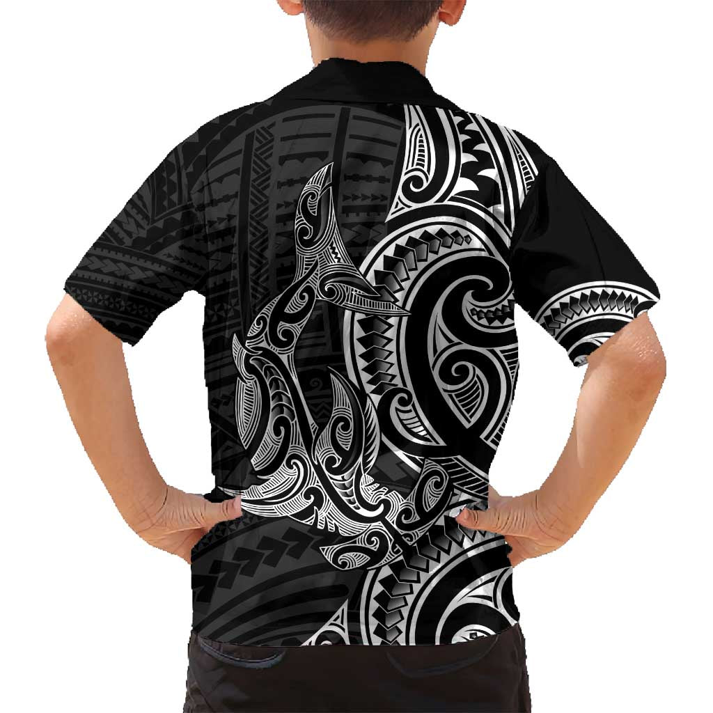 New Zealand Hammerhead Shark Family Matching Off Shoulder Maxi Dress and Hawaiian Shirt Maori Haehae Mangopare Black LT14 - Polynesian Pride