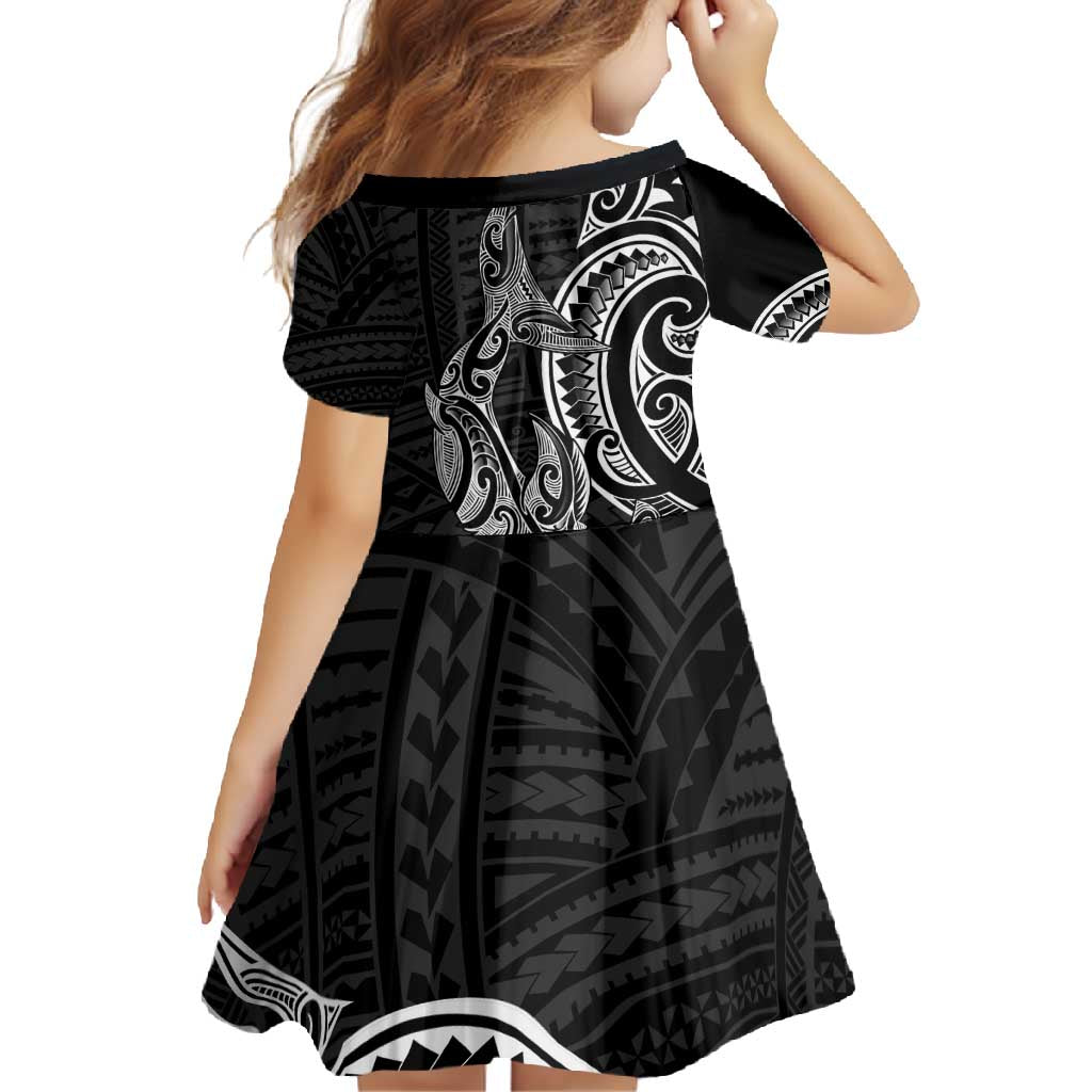 New Zealand Hammerhead Shark Family Matching Off Shoulder Maxi Dress and Hawaiian Shirt Maori Haehae Mangopare Black LT14 - Polynesian Pride
