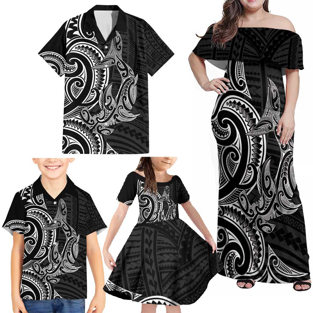 New Zealand Hammerhead Shark Family Matching Off Shoulder Maxi Dress and Hawaiian Shirt Maori Haehae Mangopare Black LT14 - Polynesian Pride