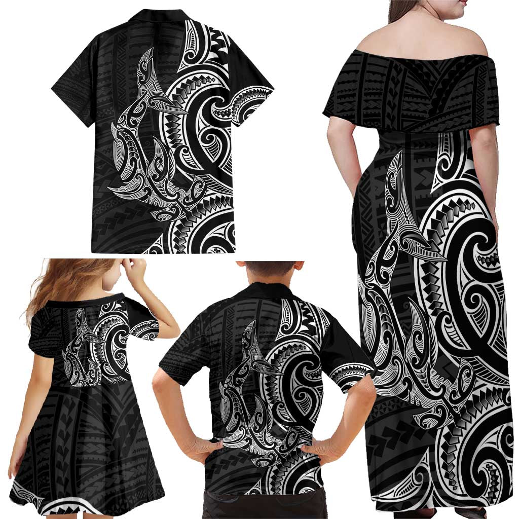 New Zealand Hammerhead Shark Family Matching Off Shoulder Maxi Dress and Hawaiian Shirt Maori Haehae Mangopare Black LT14 - Polynesian Pride