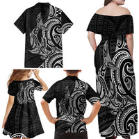 New Zealand Hammerhead Shark Family Matching Off Shoulder Maxi Dress and Hawaiian Shirt Maori Haehae Mangopare Black LT14 - Polynesian Pride