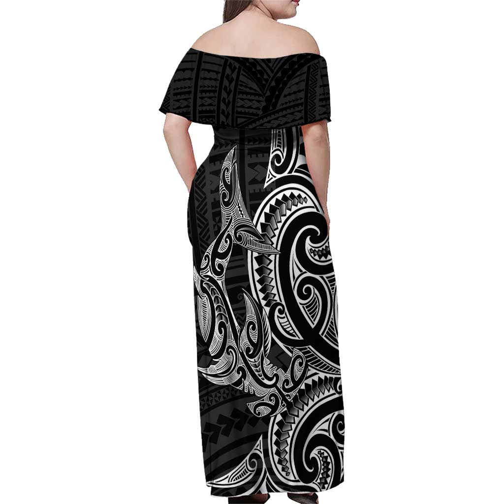 New Zealand Hammerhead Shark Family Matching Off Shoulder Maxi Dress and Hawaiian Shirt Maori Haehae Mangopare Black LT14 - Polynesian Pride
