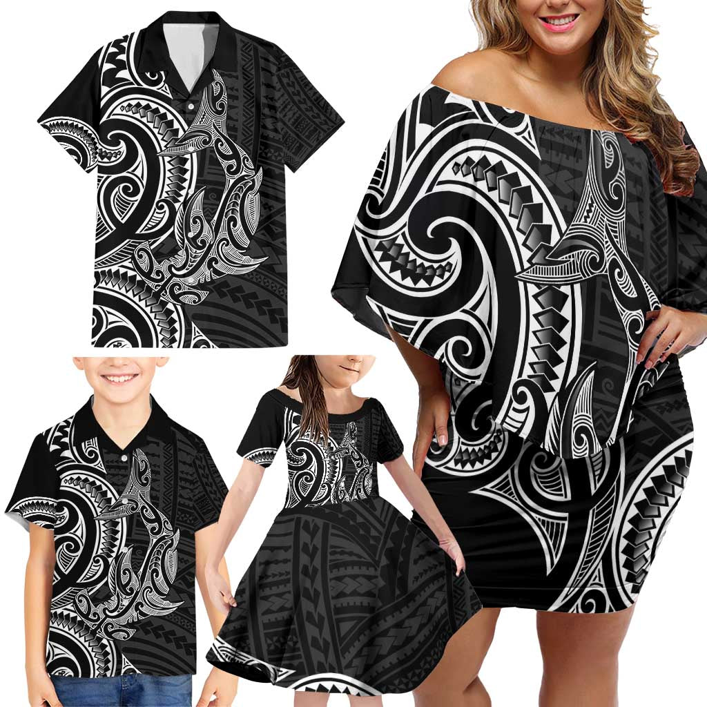New Zealand Hammerhead Shark Family Matching Off Shoulder Short Dress and Hawaiian Shirt Maori Haehae Mangopare Black LT14 - Polynesian Pride