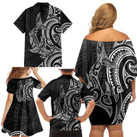 New Zealand Hammerhead Shark Family Matching Off Shoulder Short Dress and Hawaiian Shirt Maori Haehae Mangopare Black LT14 - Polynesian Pride