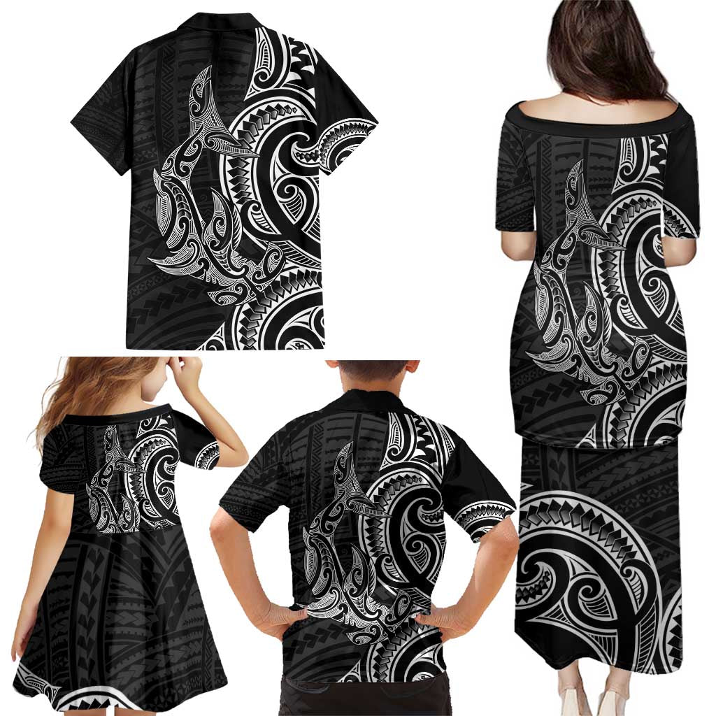 New Zealand Hammerhead Shark Family Matching Puletasi and Hawaiian Shirt Maori Haehae Mangopare Black LT14 - Polynesian Pride