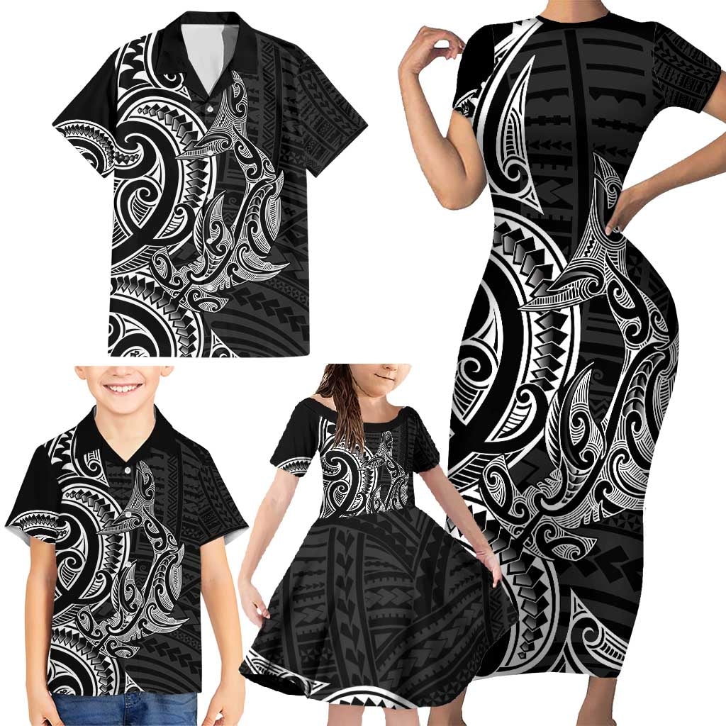 New Zealand Hammerhead Shark Family Matching Short Sleeve Bodycon Dress and Hawaiian Shirt Maori Haehae Mangopare Black LT14 - Polynesian Pride