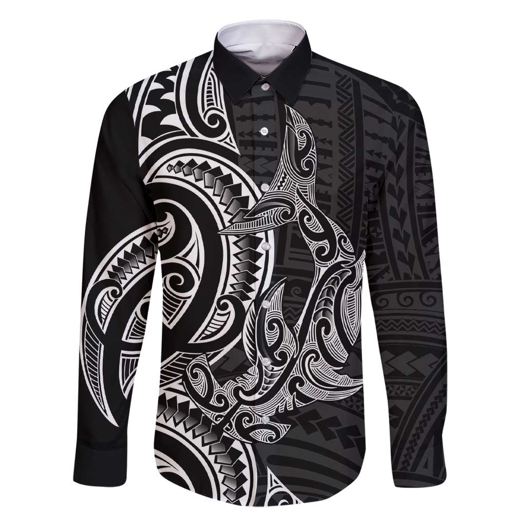 New Zealand Hammerhead Shark Family Matching Short Sleeve Bodycon Dress and Hawaiian Shirt Maori Haehae Mangopare Black LT14 Dad's Shirt - Long Sleeve Black - Polynesian Pride