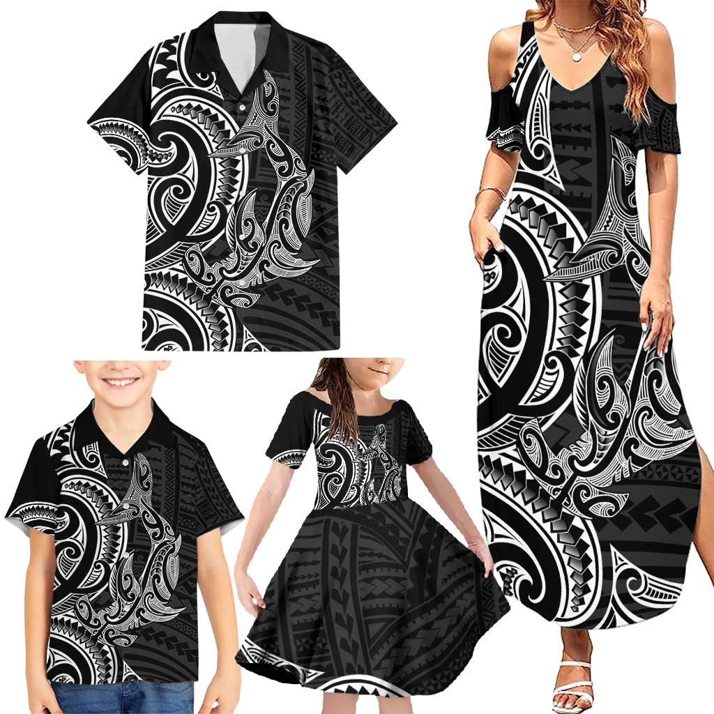 New Zealand Hammerhead Shark Family Matching Summer Maxi Dress and Hawaiian Shirt Maori Haehae Mangopare Black LT14 - Polynesian Pride