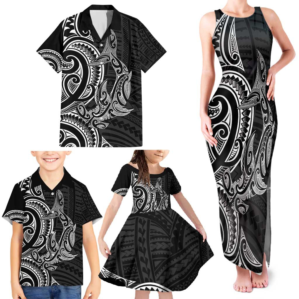New Zealand Hammerhead Shark Family Matching Tank Maxi Dress and Hawaiian Shirt Maori Haehae Mangopare Black LT14 - Polynesian Pride