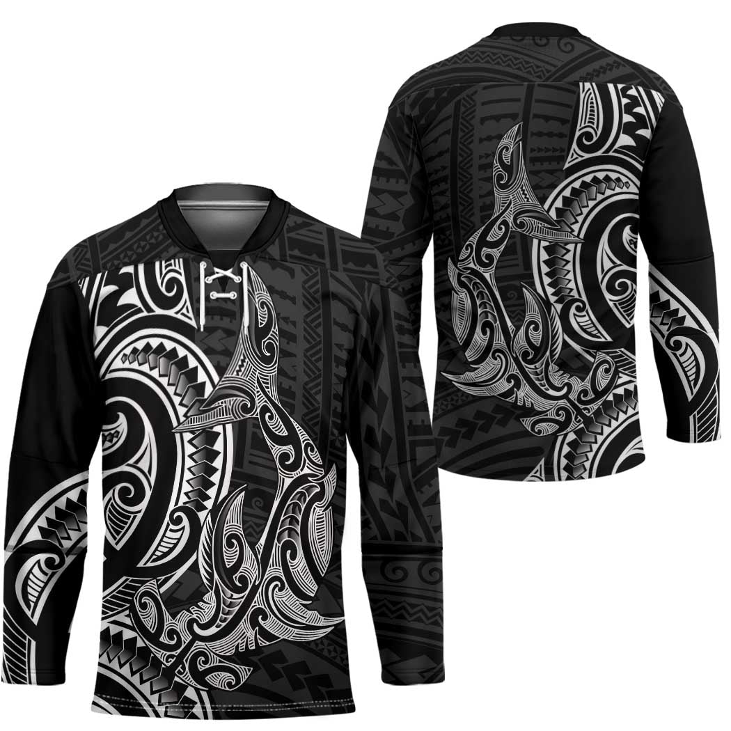 New Zealand Hammerhead Shark Hockey Jersey Maori Haehae Mangopare Black LT14 - Polynesian Pride