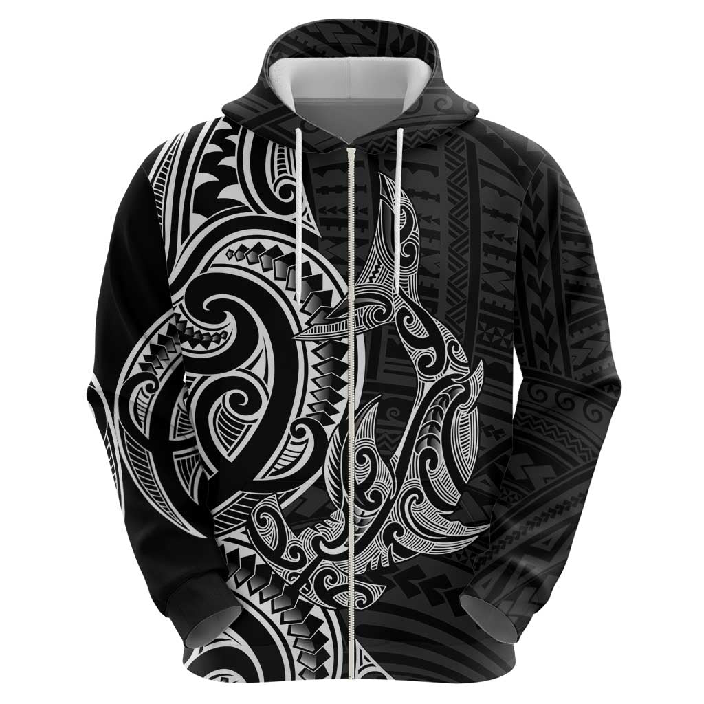 New Zealand Hammerhead Shark Hoodie Maori Haehae Mangopare Black - Polynesian Pride