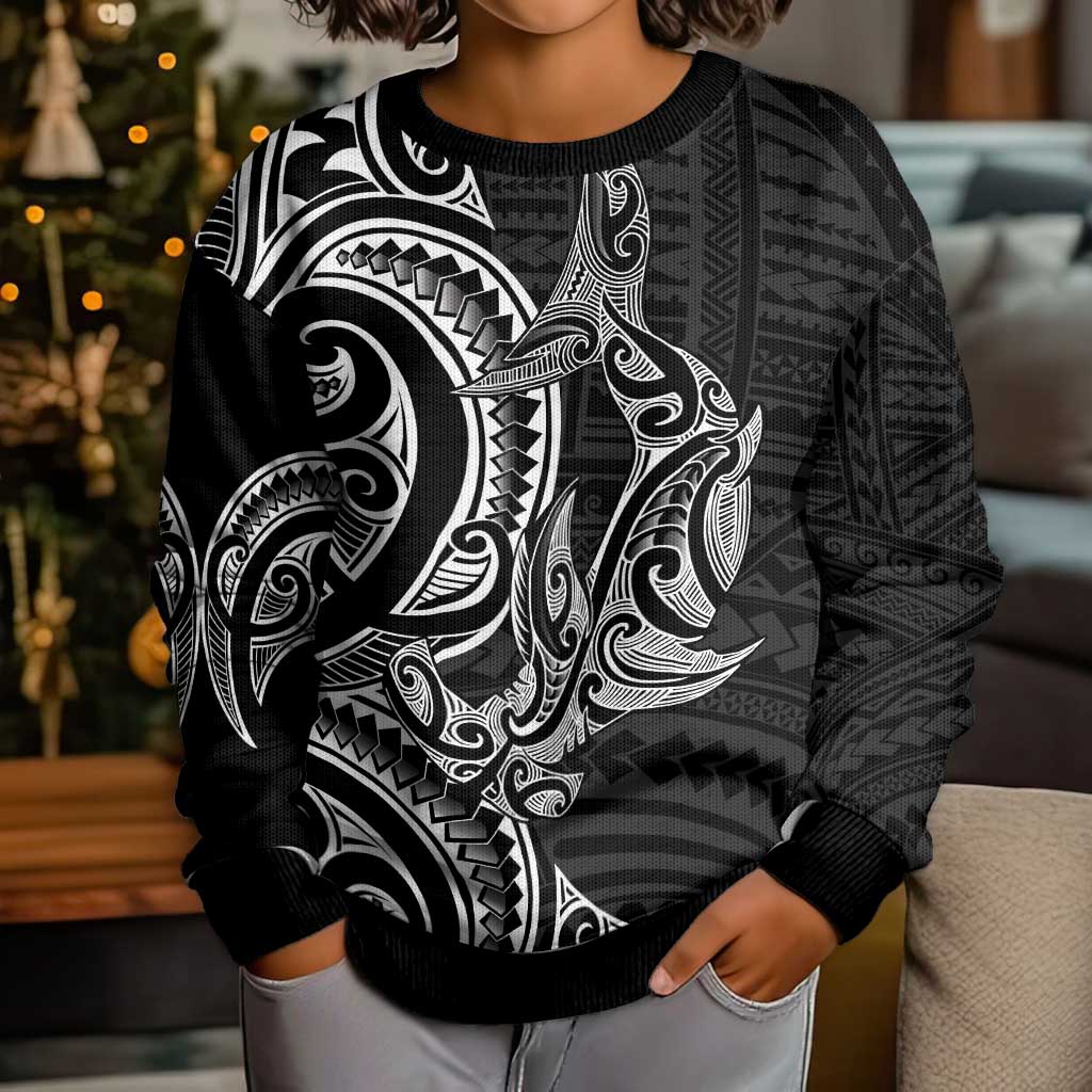 New Zealand Hammerhead Shark Kid Ugly Christmas Sweater Maori Haehae Mangopare Black LT14 - Polynesian Pride