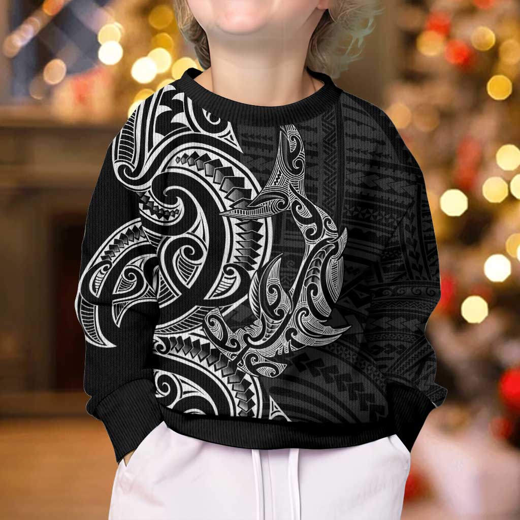 New Zealand Hammerhead Shark Kid Ugly Christmas Sweater Maori Haehae Mangopare Black LT14 - Polynesian Pride