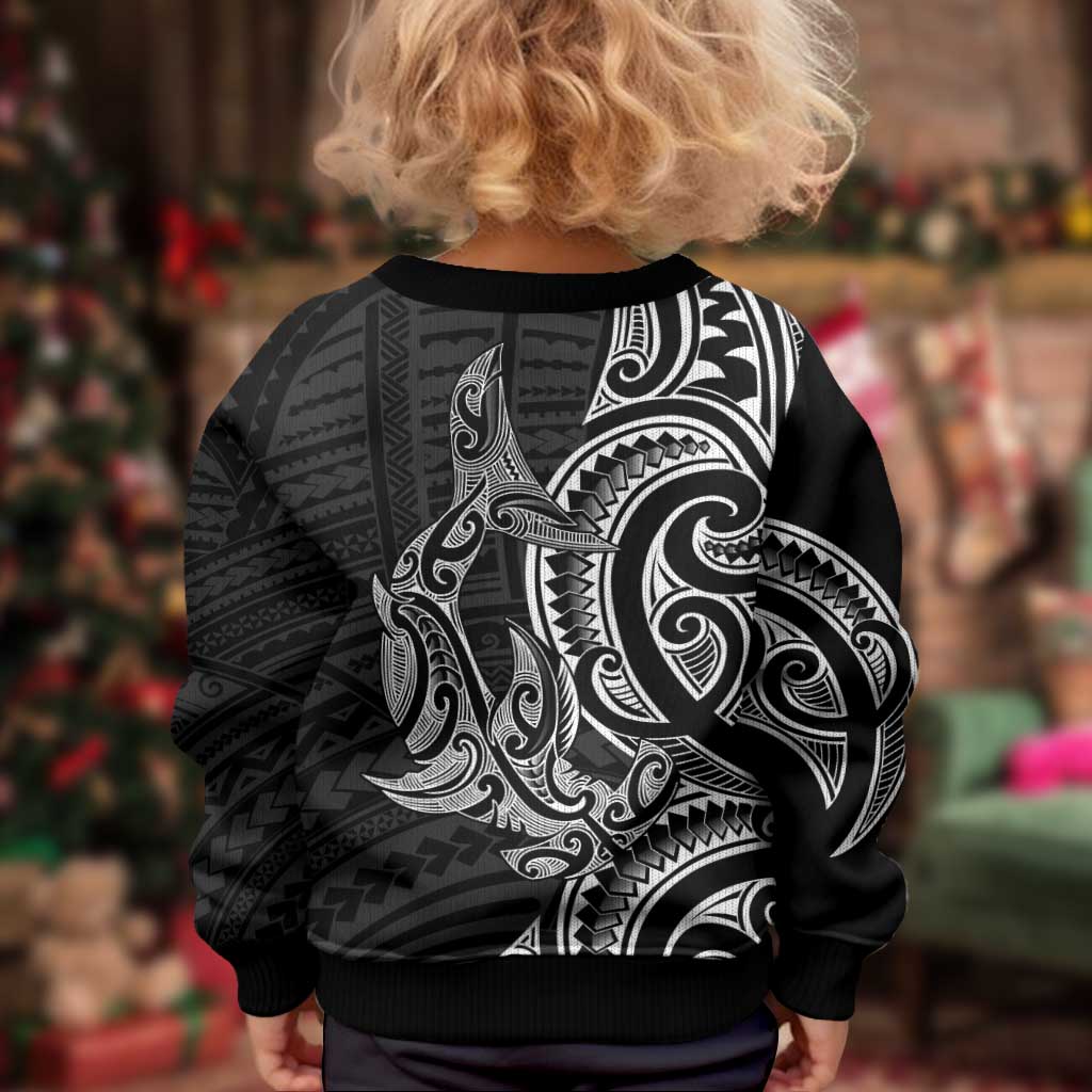New Zealand Hammerhead Shark Kid Ugly Christmas Sweater Maori Haehae Mangopare Black LT14 - Polynesian Pride