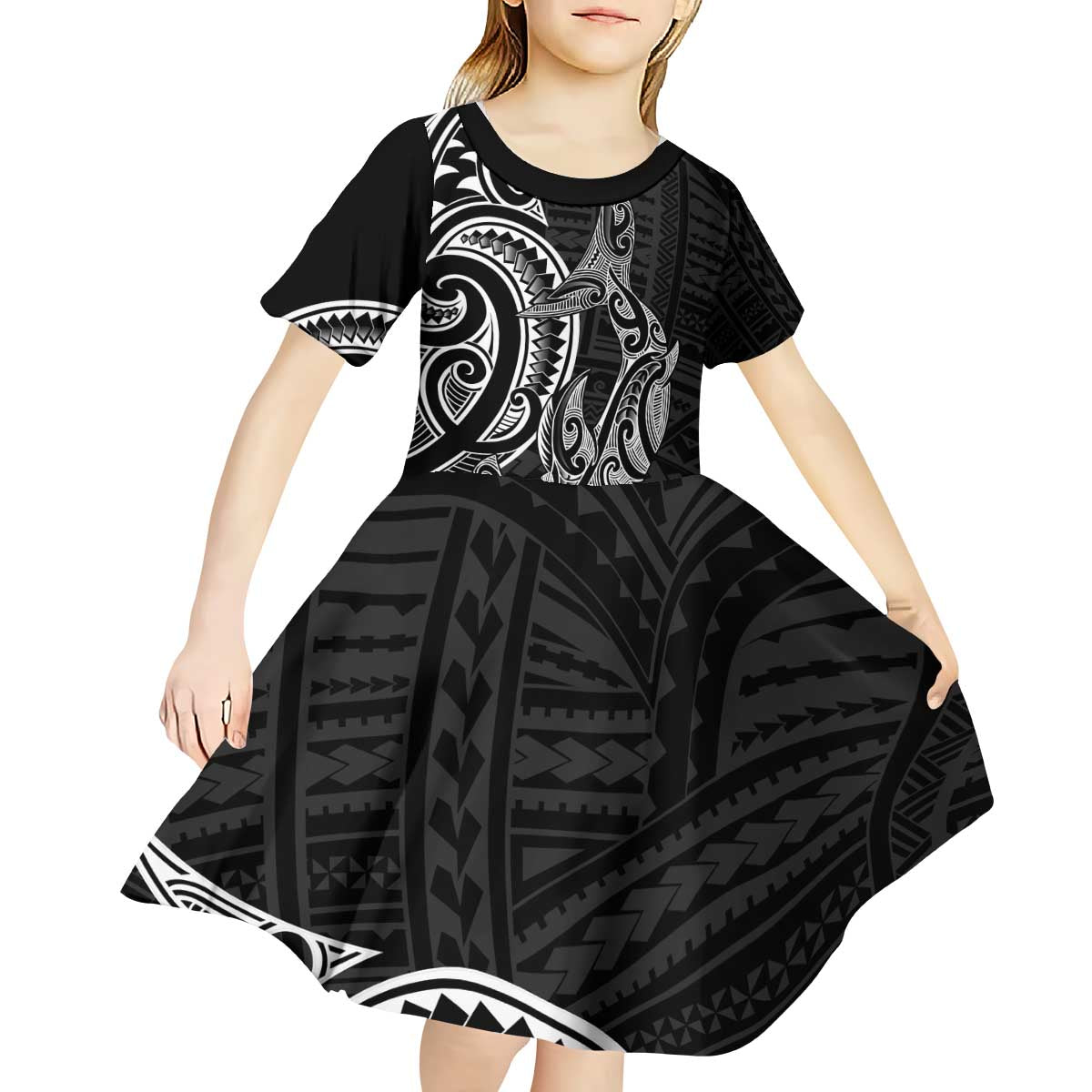 New Zealand Hammerhead Shark Kid Short Sleeve Dress Maori Haehae Mangopare Black LT14 - Polynesian Pride