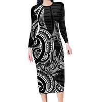 New Zealand Hammerhead Shark Long Sleeve Bodycon Dress Maori Haehae Mangopare Black LT14 Long Dress Black - Polynesian Pride