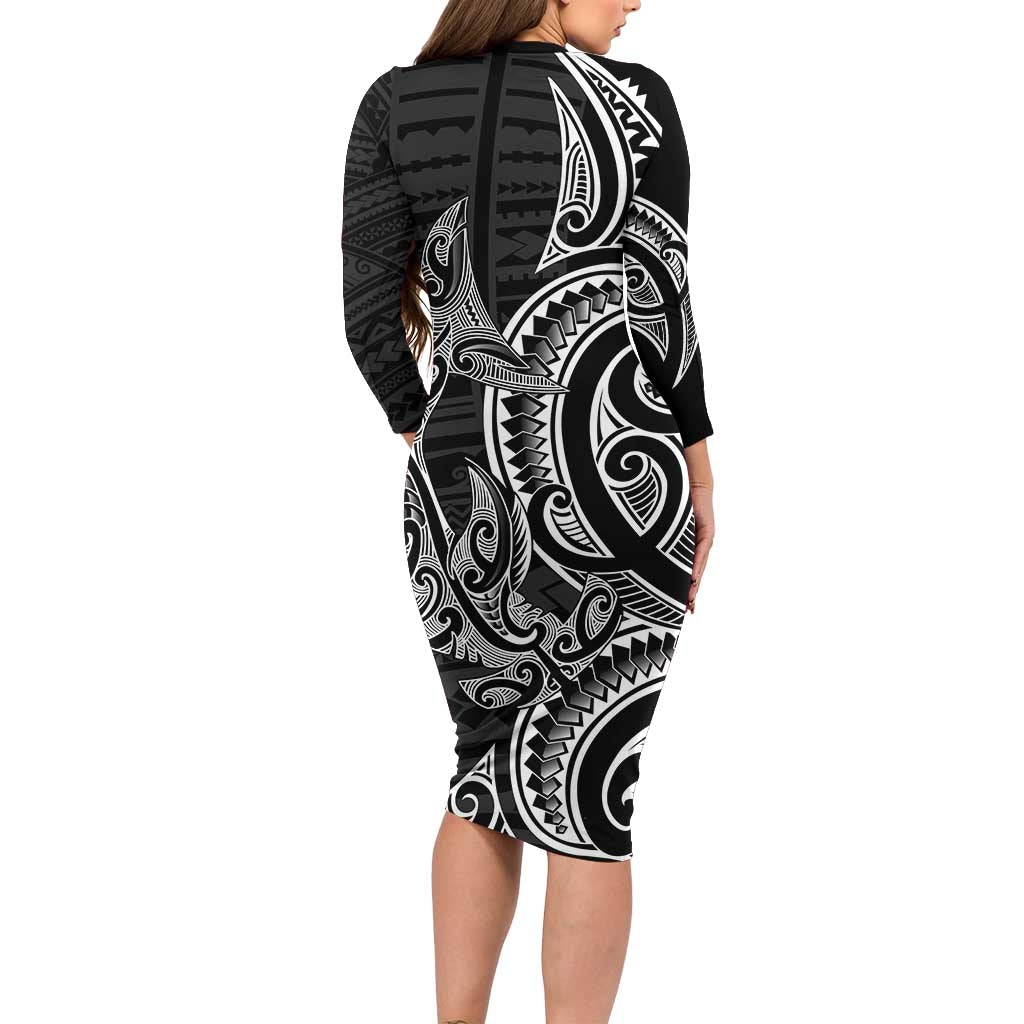 New Zealand Hammerhead Shark Long Sleeve Bodycon Dress Maori Haehae Mangopare Black LT14 - Polynesian Pride