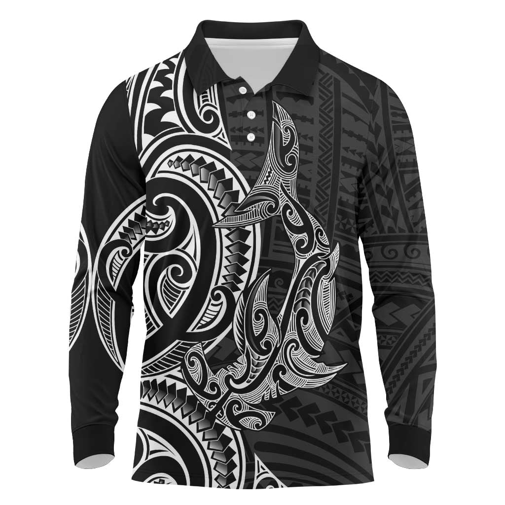 New Zealand Hammerhead Shark Long Sleeve Polo Shirt Maori Haehae Mangopare Black LT14 Black - Polynesian Pride