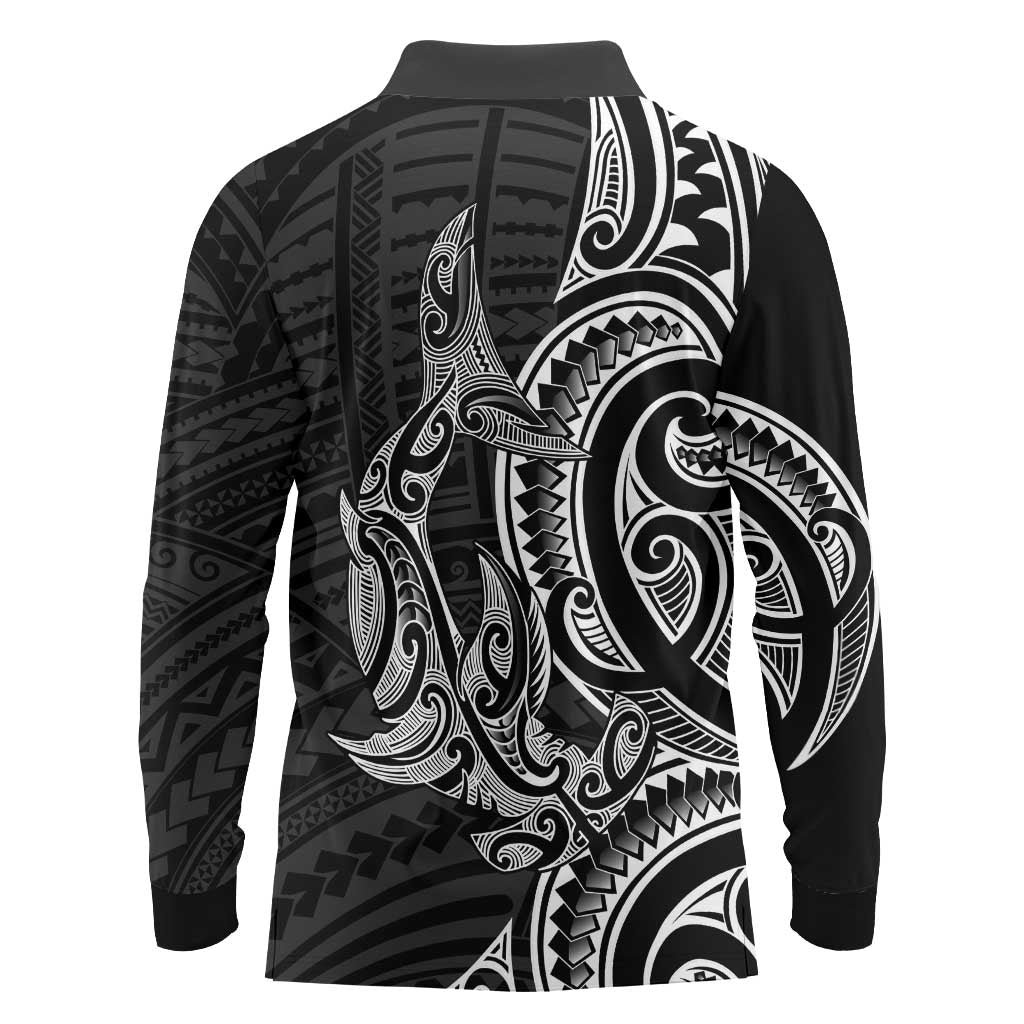 New Zealand Hammerhead Shark Long Sleeve Polo Shirt Maori Haehae Mangopare Black LT14 - Polynesian Pride