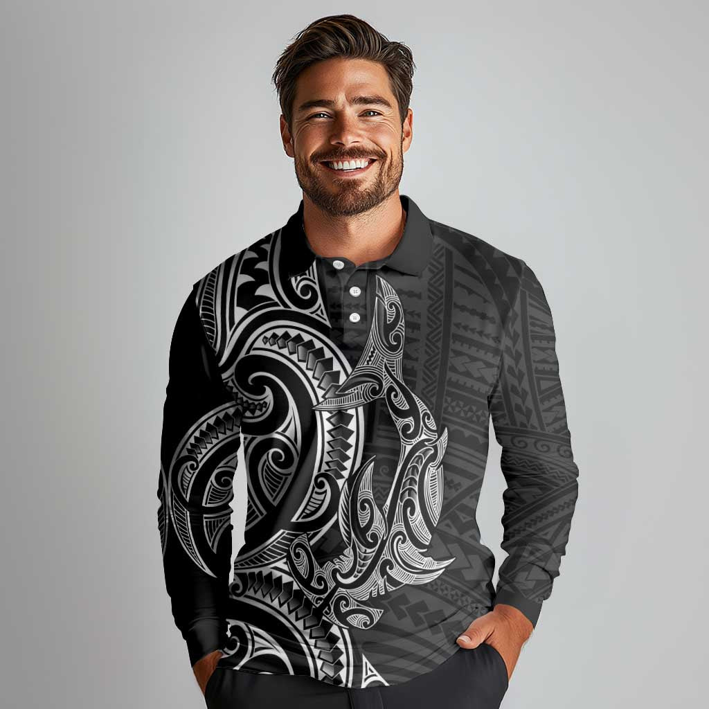 New Zealand Hammerhead Shark Long Sleeve Polo Shirt Maori Haehae Mangopare Black LT14 - Polynesian Pride