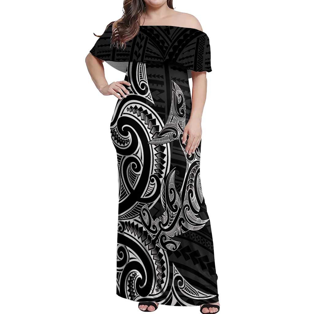 New Zealand Hammerhead Shark Off Shoulder Maxi Dress Maori Haehae Mangopare Black LT14 Women Black - Polynesian Pride