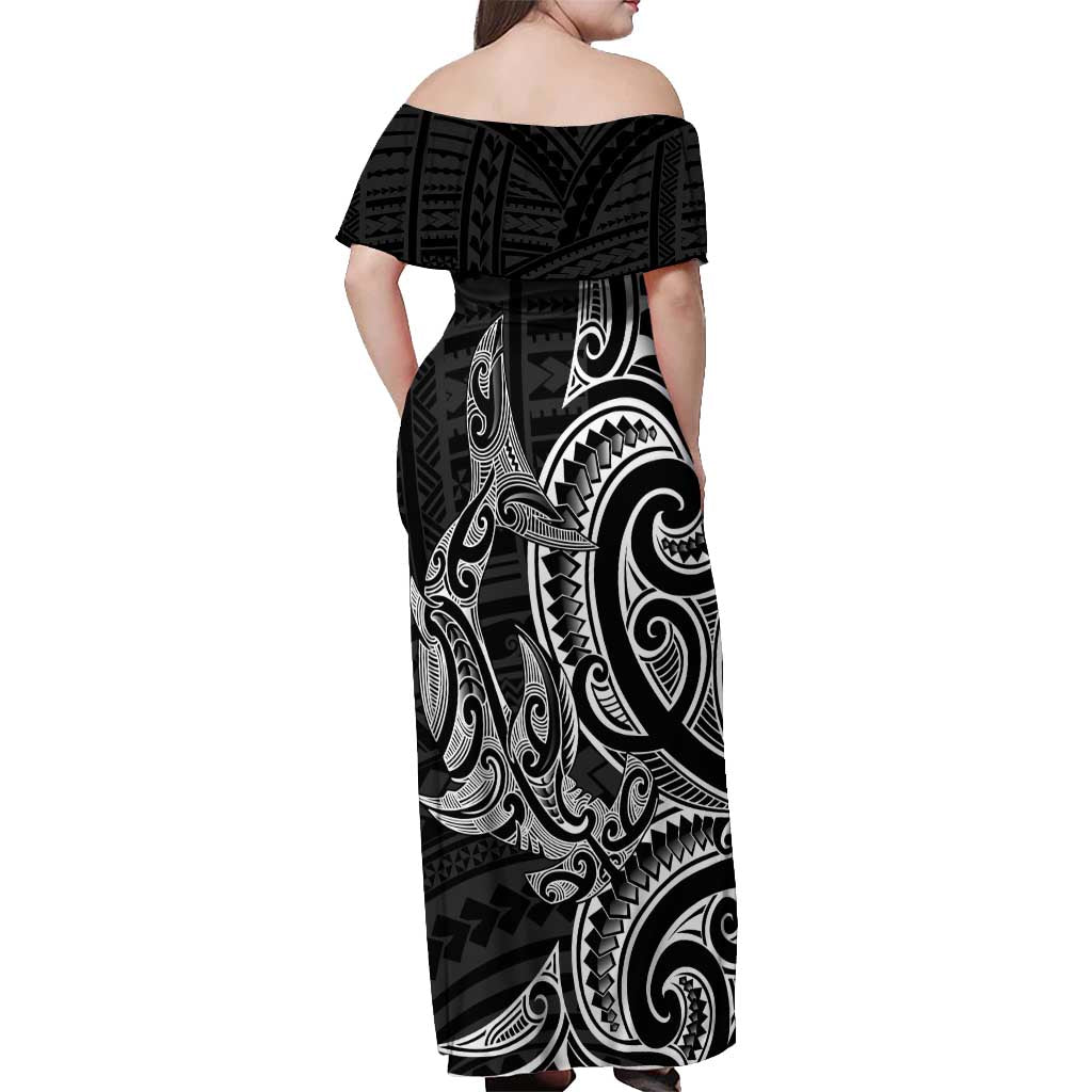New Zealand Hammerhead Shark Off Shoulder Maxi Dress Maori Haehae Mangopare Black LT14 - Polynesian Pride