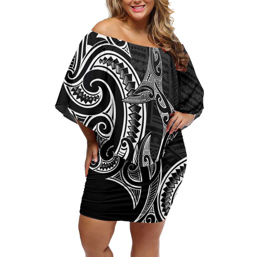 New Zealand Hammerhead Shark Off Shoulder Short Dress Maori Haehae Mangopare Black LT14 Women Black - Polynesian Pride