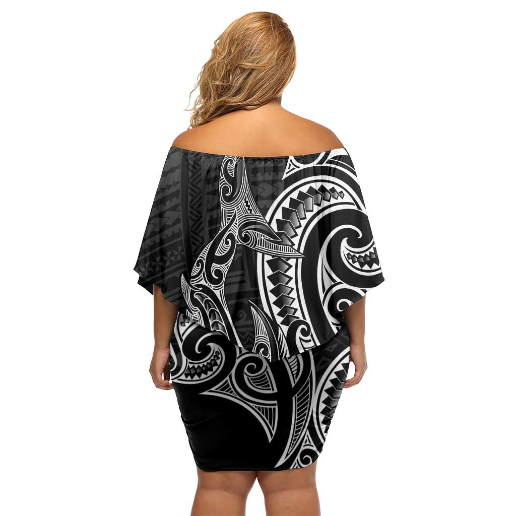 New Zealand Hammerhead Shark Off Shoulder Short Dress Maori Haehae Mangopare Black LT14 - Polynesian Pride