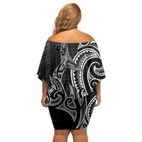 New Zealand Hammerhead Shark Off Shoulder Short Dress Maori Haehae Mangopare Black LT14 - Polynesian Pride