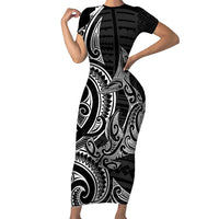 New Zealand Hammerhead Shark Short Sleeve Bodycon Dress Maori Haehae Mangopare Black LT14 Long Dress Black - Polynesian Pride