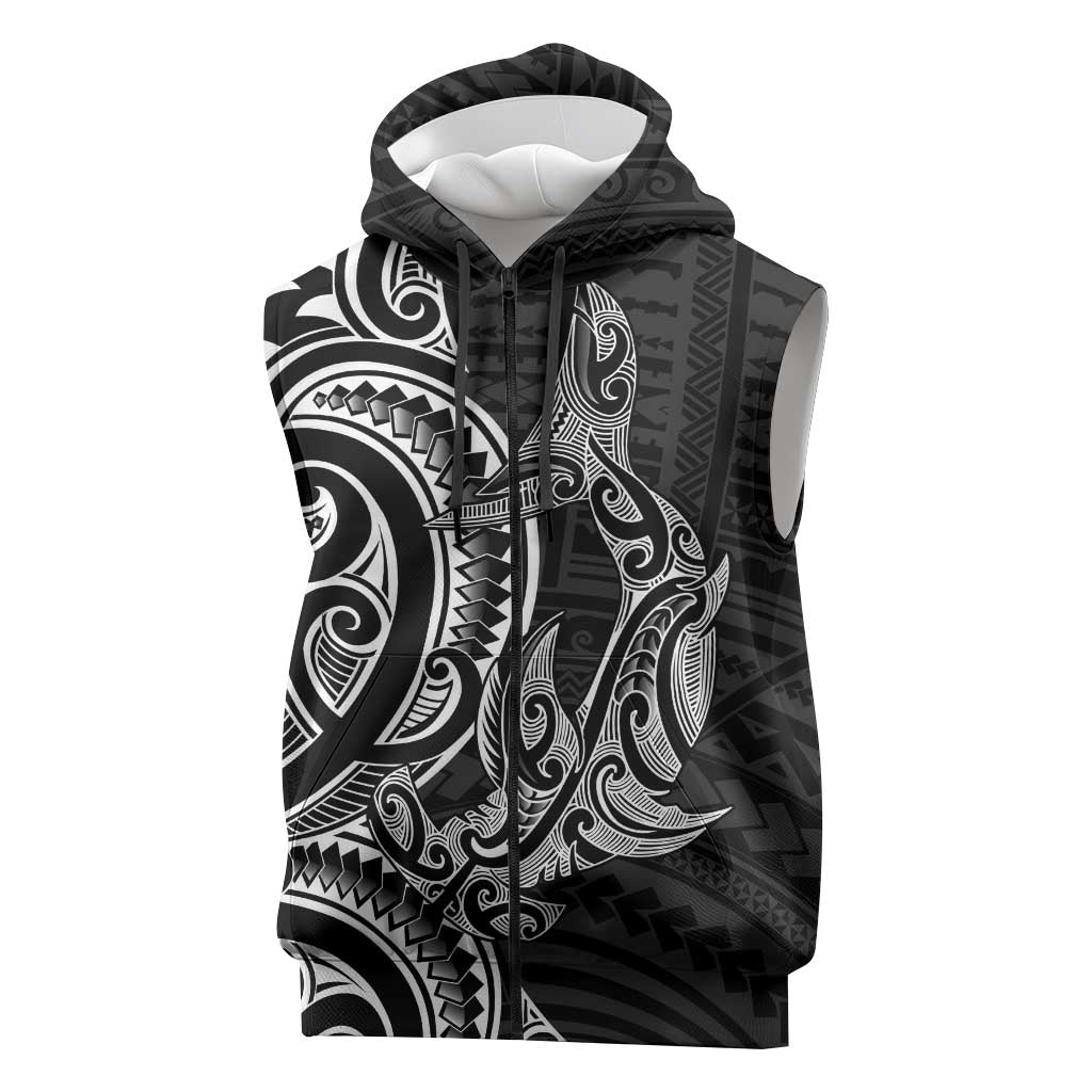 New Zealand Hammerhead Shark Sleeveless Zip Hoodie Maori Haehae Mangopare Black LT14 Black - Polynesian Pride