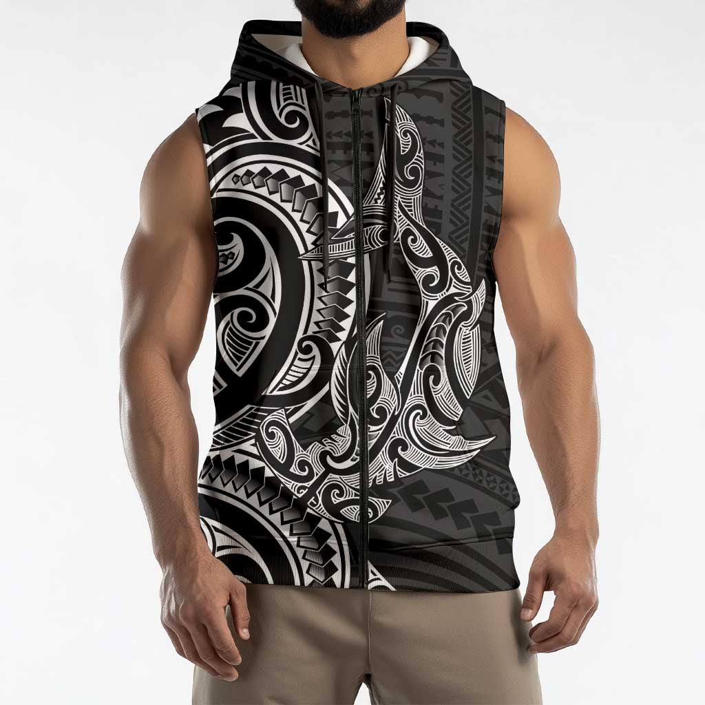 New Zealand Hammerhead Shark Sleeveless Zip Hoodie Maori Haehae Mangopare Black LT14 - Polynesian Pride