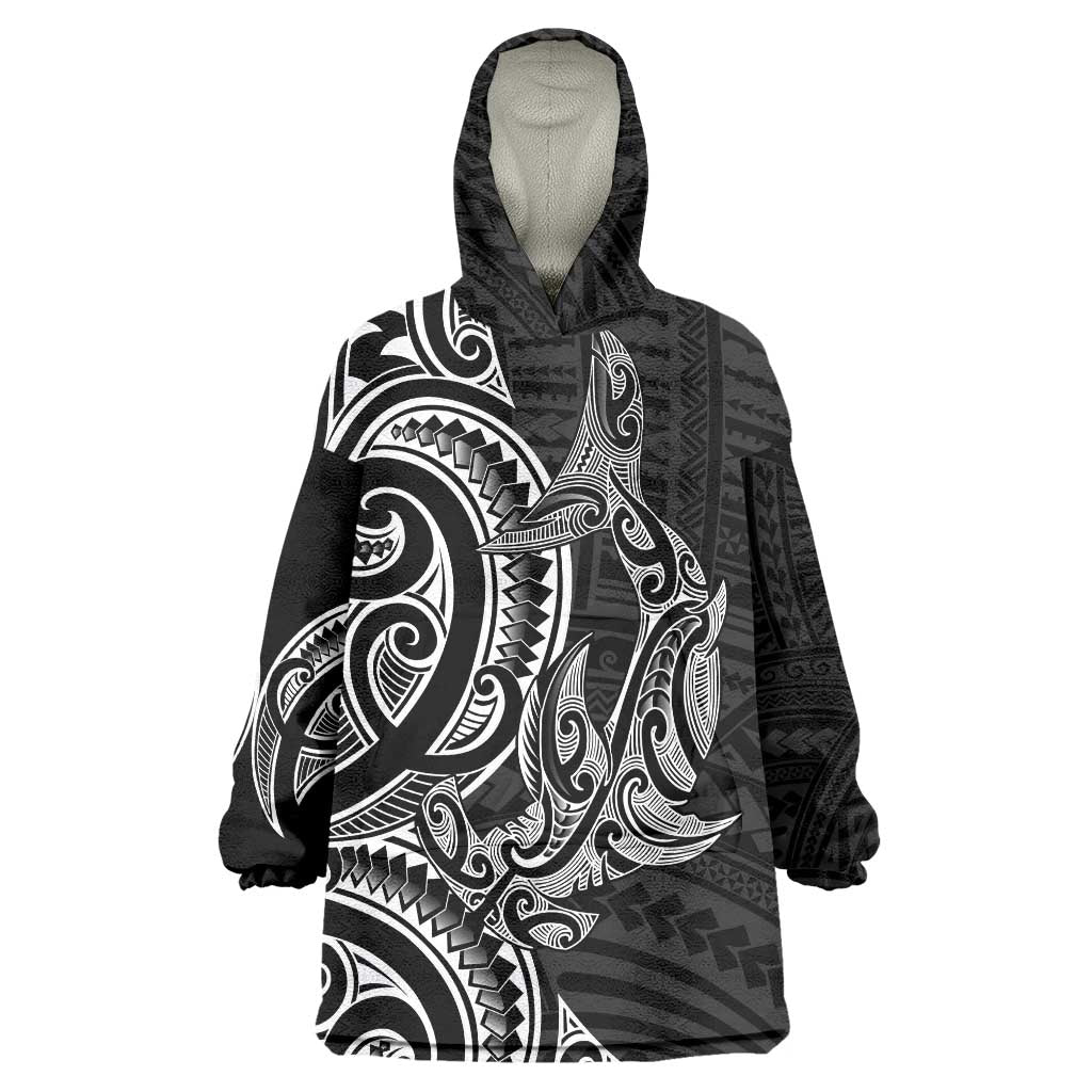 New Zealand Hammerhead Shark Wearable Blanket Hoodie Maori Haehae Mangopare Black LT14 One Size Black - Polynesian Pride