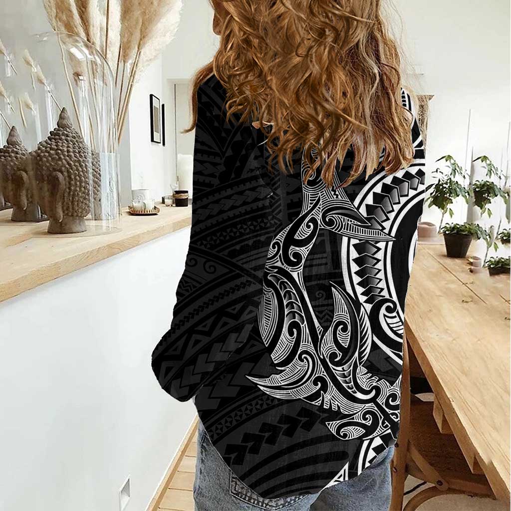 New Zealand Hammerhead Shark Women Casual Shirt Maori Haehae Mangopare Black - Polynesian Pride