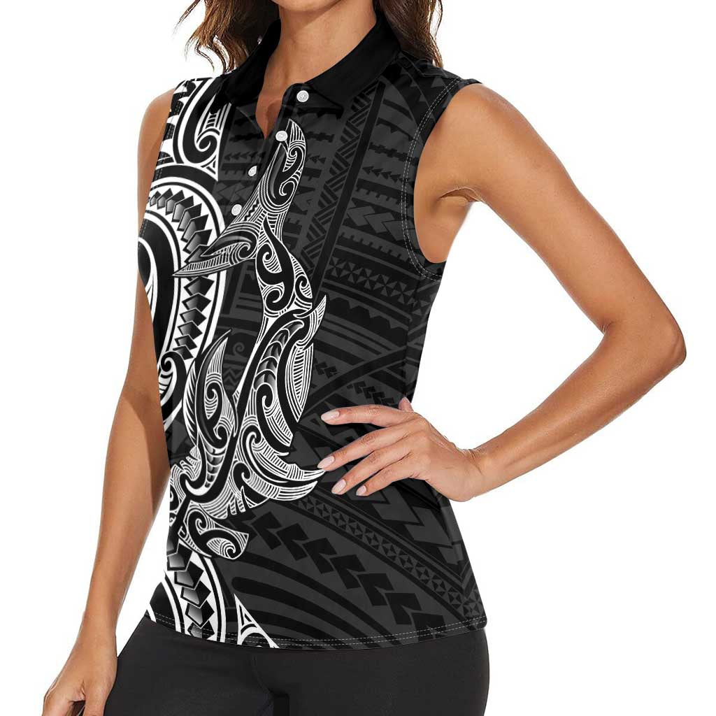 New Zealand Hammerhead Shark Women Sleeveless Polo Shirt Maori Haehae Mangopare Black LT14 - Polynesian Pride