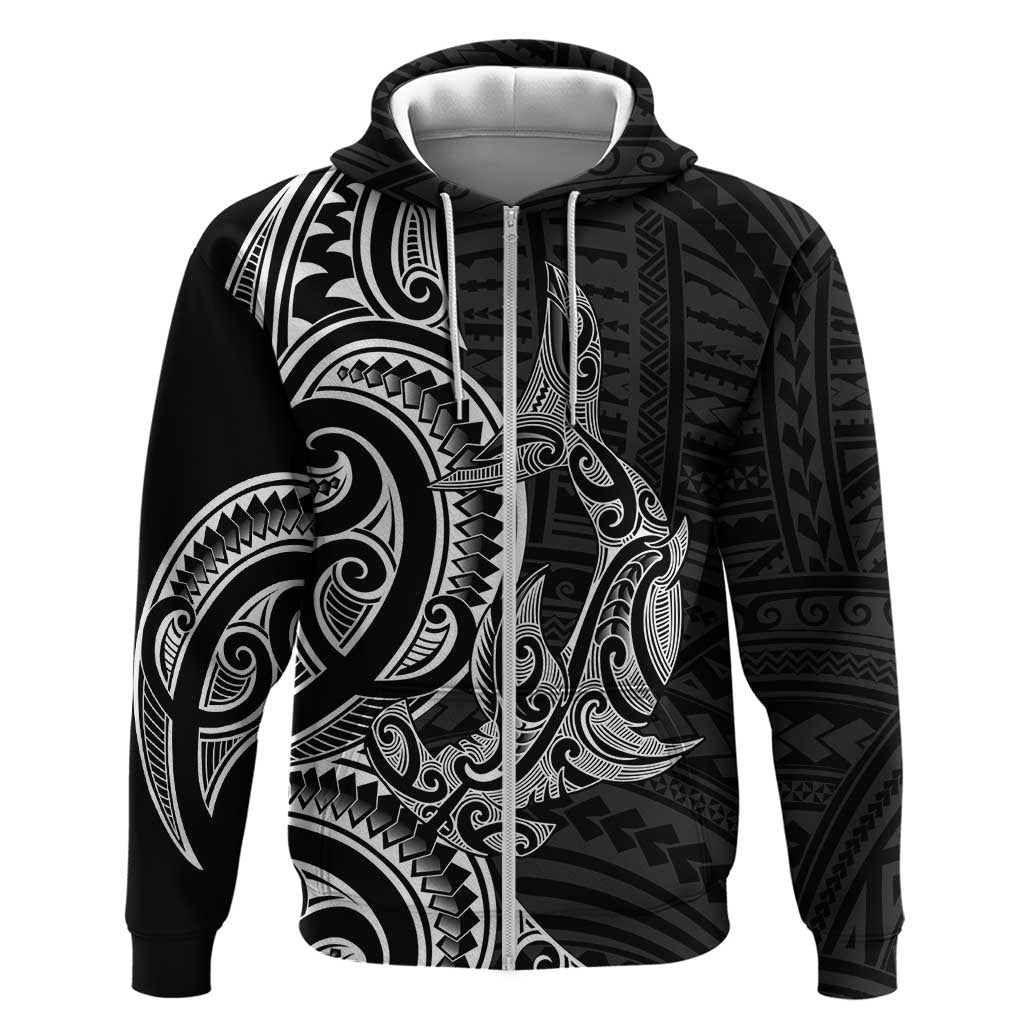 New Zealand Hammerhead Shark Zip Hoodie Maori Haehae Mangopare Black LT14 Zip Hoodie Black - Polynesian Pride